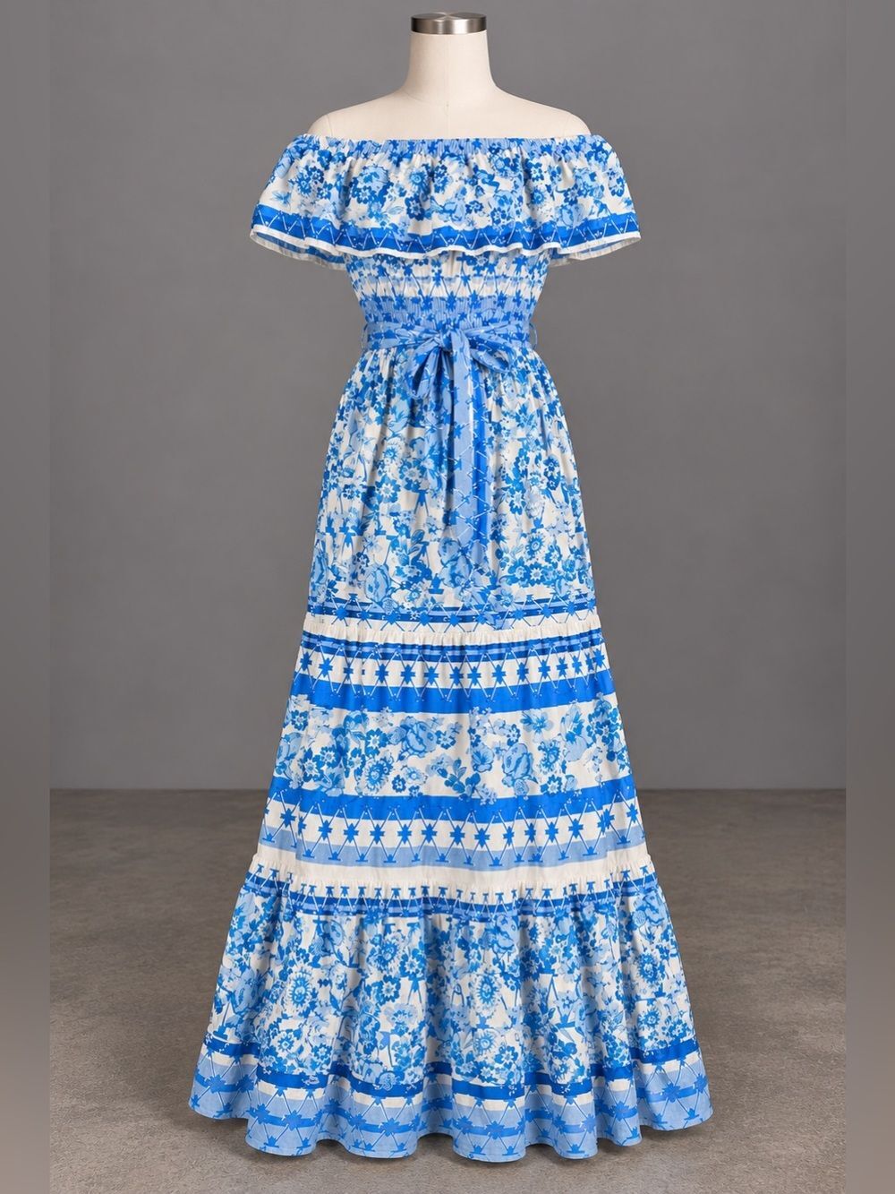 Flying Tomato Blue White Floral Maxi Dress Small S Off Shoulder Ruffle Rayon